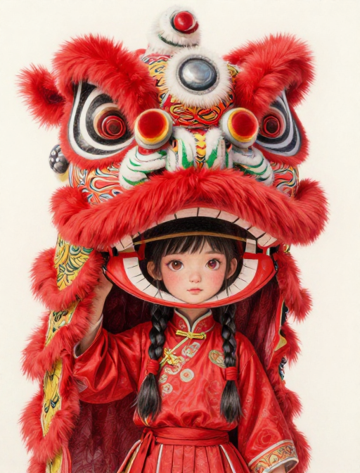 红色醒狮少女:非遗彩铅艺术的极致呈现