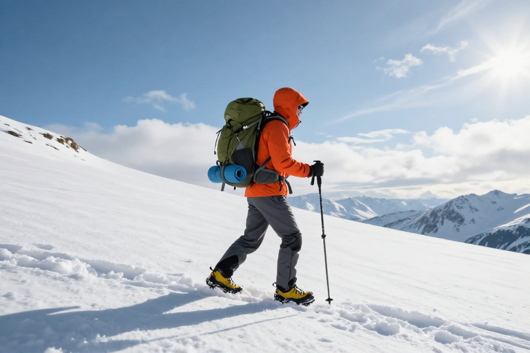 雪山之巅:橙色冲锋衣登山者的自然探险瞬间