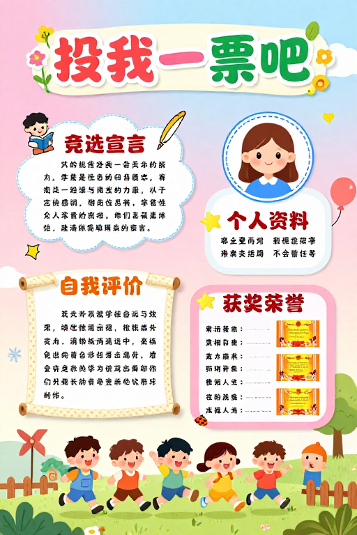 童趣手绘儿童竞选海报：色彩明丽校园风采