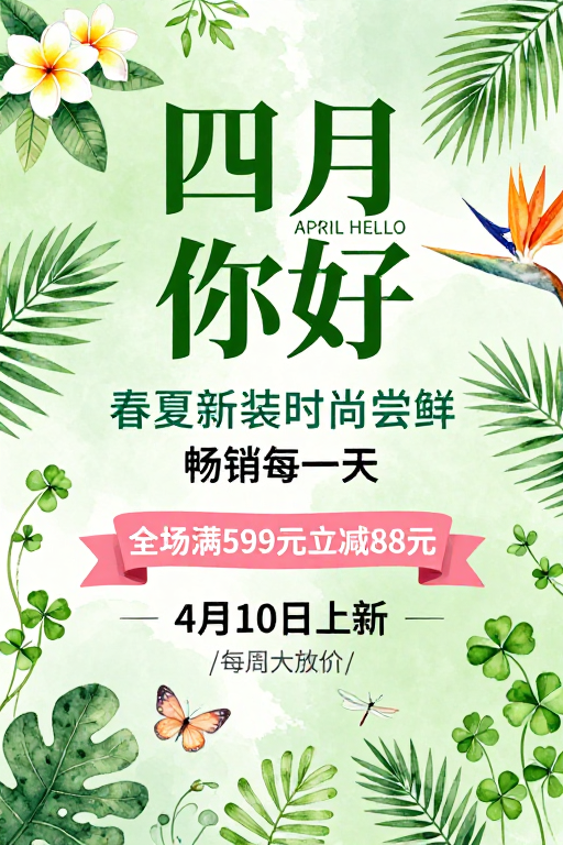 清新水彩春季促销海报：春夏新装时尚尝鲜