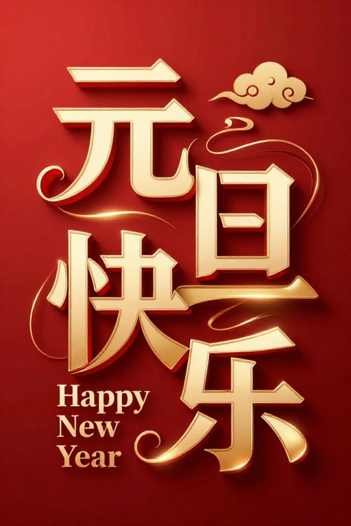 元旦快乐现代字体设计:暖金深红交织新年商业海报