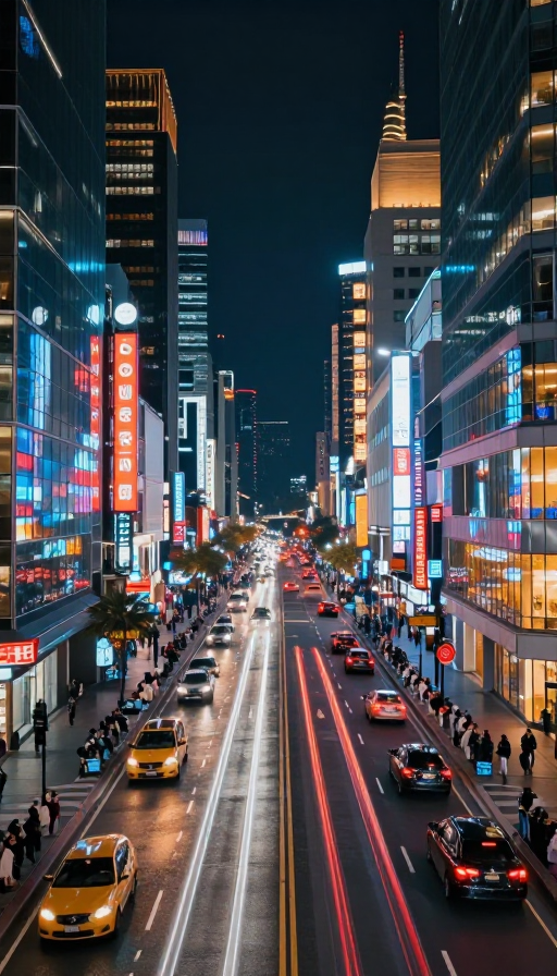霓虹璀璨的超写实都市夜景：车流光轨与玻璃倒影交织
