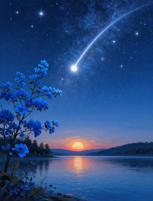 梦幻蓝色夜空：流星划过银河与湖面的宁静画卷