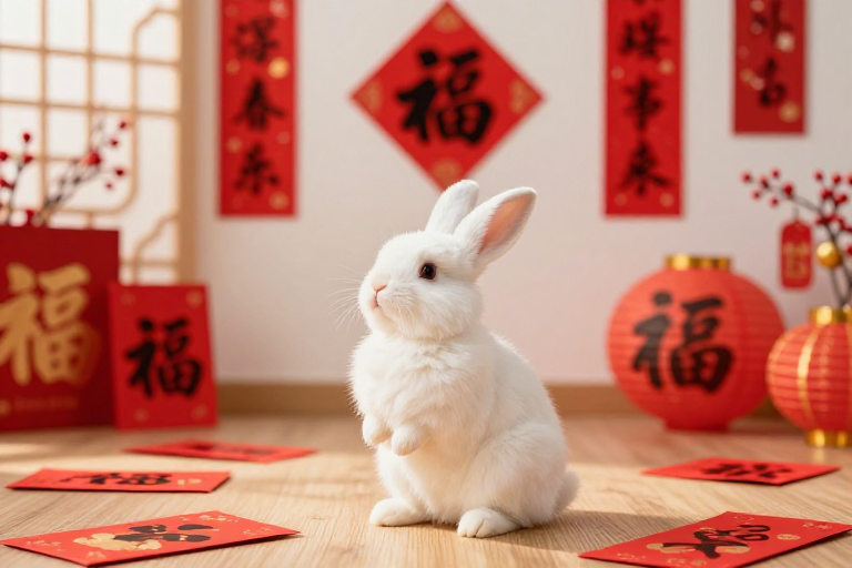 兔跃新春:暖红金饰下的福运祈福图景