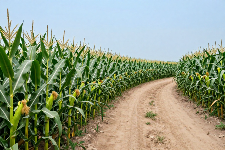 翠绿玉米田中蜿蜒土路:乡村风光摄影