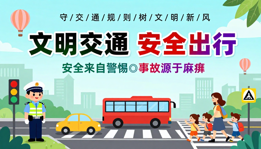 卡通公益海报：文明交通与安全出行的清新提醒