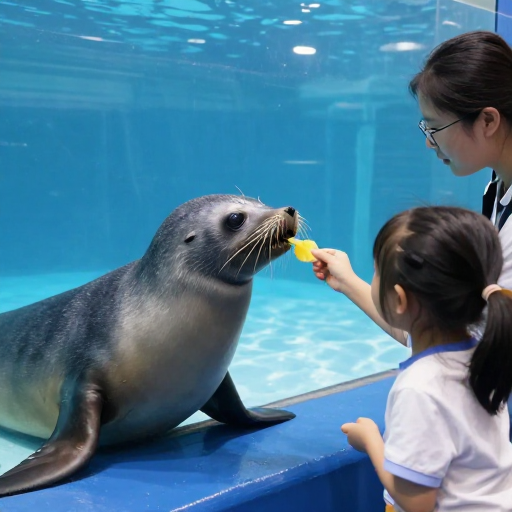 海洋馆亲子互动：孩童亲手喂食海豹