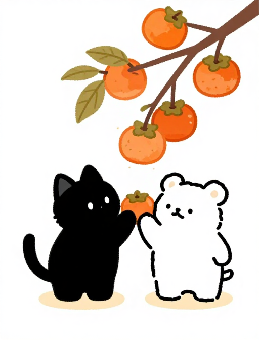 治愈系简笔画：黑猫白熊摘柿子