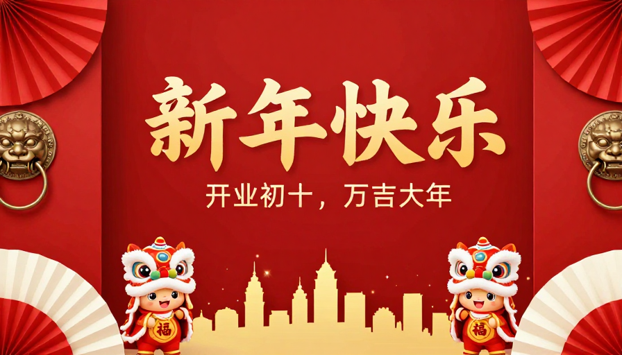 红金祥瑞醒狮城市剪影春节海报设计