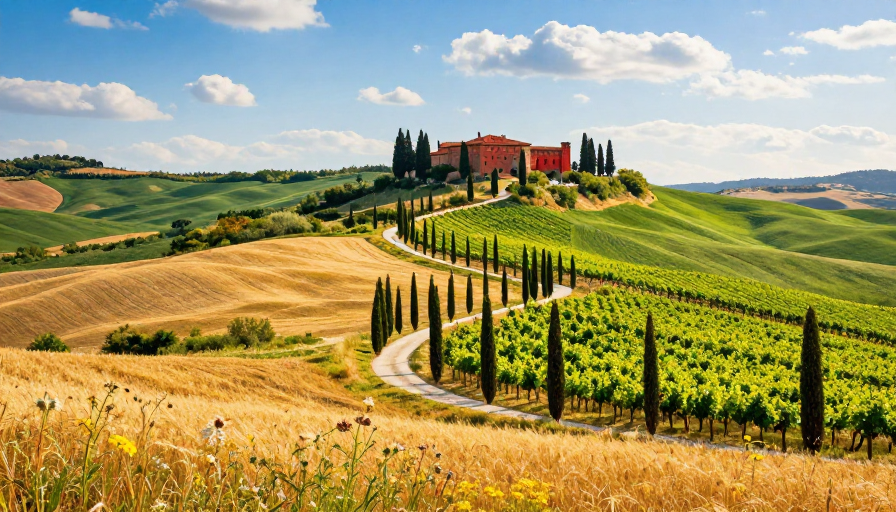 托斯卡纳古堡与金黄麦田的暖阳风光