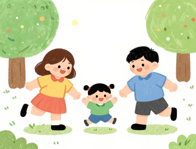 温馨手绘插画：一家三口快乐玩耍的治愈时光