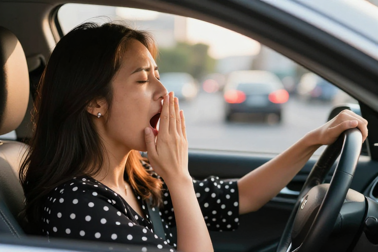 暖光侧拍疲惫女司机:疲劳驾驶警示