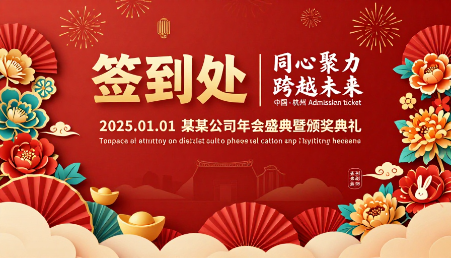红金渐变喜庆中国风年会签到背景海报
