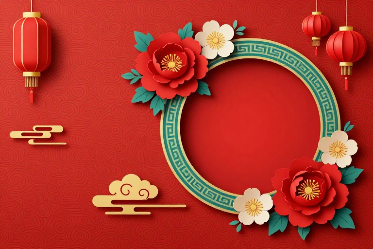 红金配色新中式春节喜庆背景：云纹花卉灯笼点缀