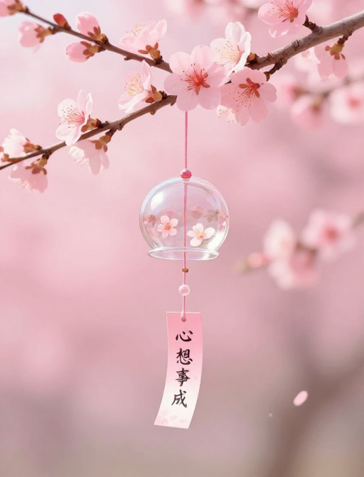 桃花风铃挂心愿，清新唯美插画