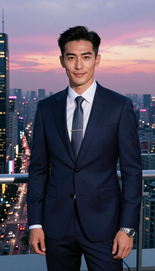 都市夜景中成功男士的自信与从容