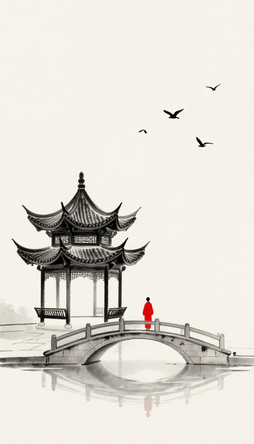 中国风极简意境:红桥飞鸟与亭台水韵
