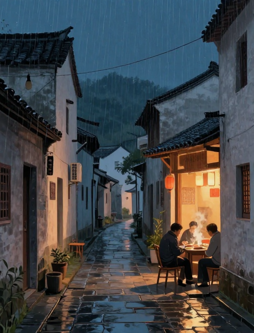 雨夜乡村转角餐桌 温馨人间烟火插画