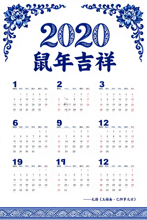 典雅青花鼠年吉祥日历:2020新年喜庆艺术海报