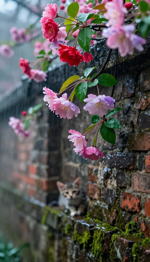 雨中海棠绽放：青苔墙角的梦幻瞬间