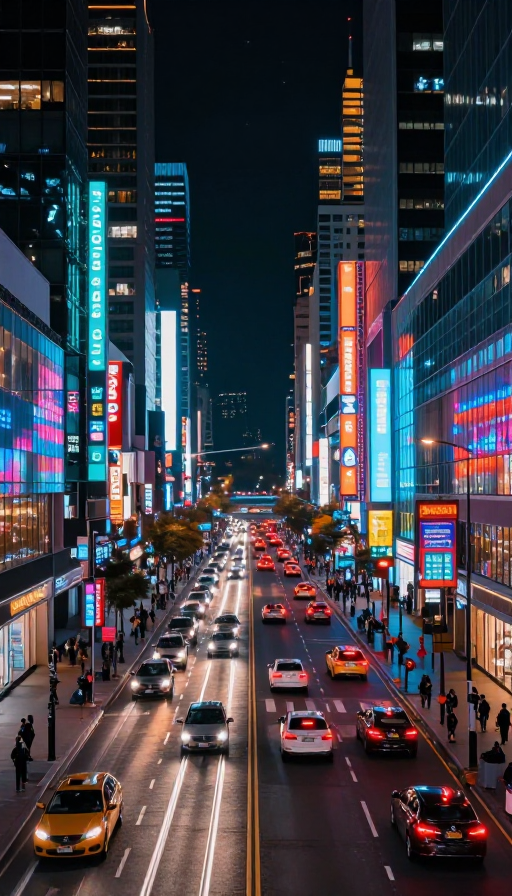 超写实繁华都市夜景：霓虹流光与玻璃倒影