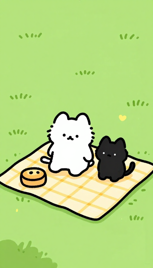 治愈系手绘:白猫与小黑猫的温馨野餐时光