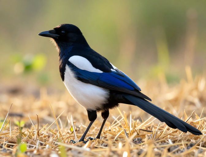晨光中的优雅：欧亚喜鹊静立干草堆
