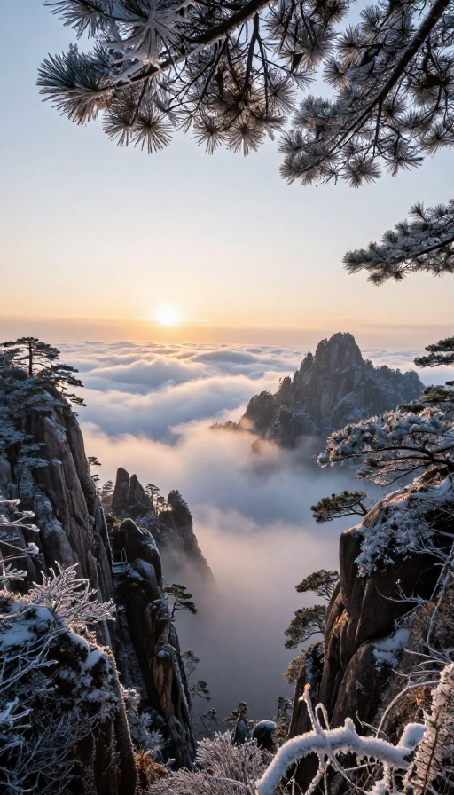 黄山冬日晨辉:雪景云海中的金色日出