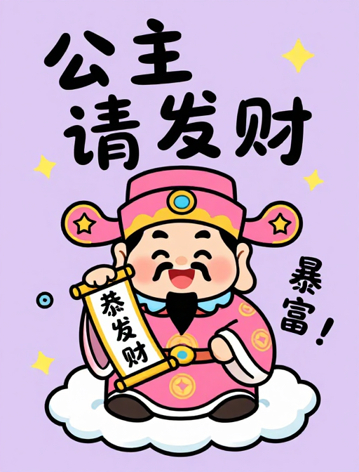 Q版财神坐祥云 公主发财喜庆插画