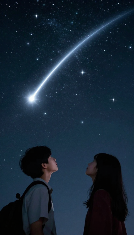 流星划破星河夜空,少年少女仰望星空真景