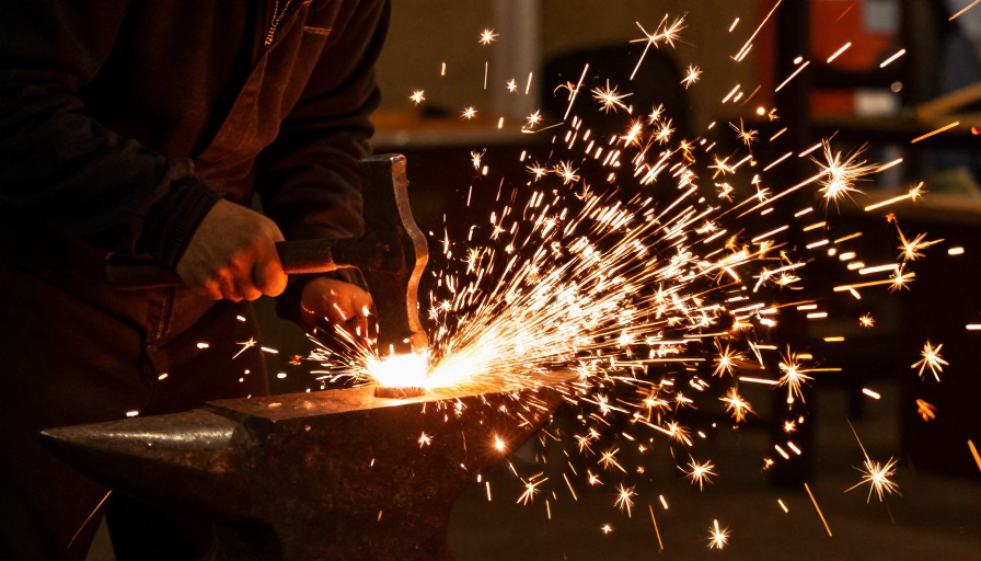 铁匠锤锻打铁花,夜色中璀璨绽放