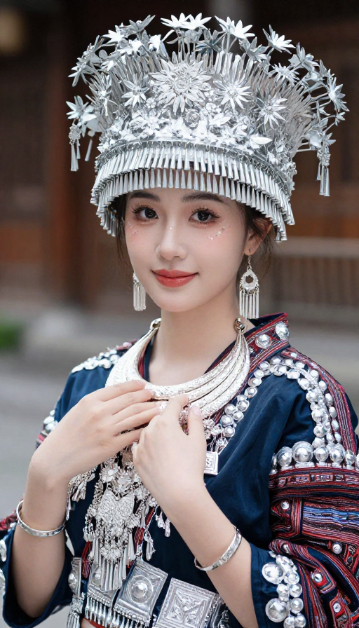 苗族少女身着传统银饰盛装，展现青春与高贵