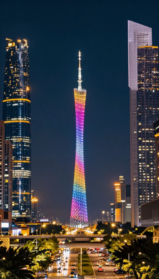 广州珠江新城夜景：光影交错的未来都市