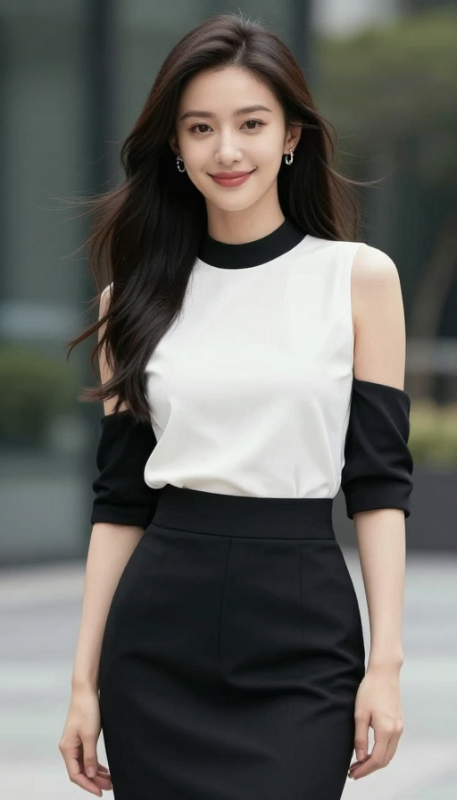 优雅自信女性肖像：黑白着装与专业自然光摄影