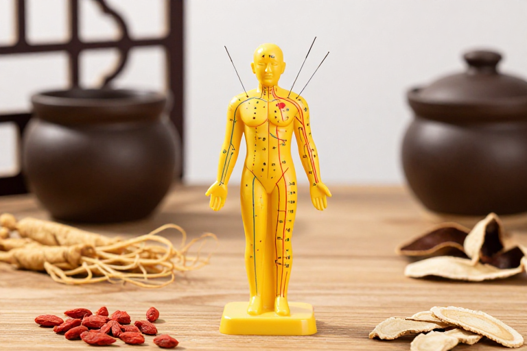 中医针灸模型展示：传统经络与药材的精美摄影