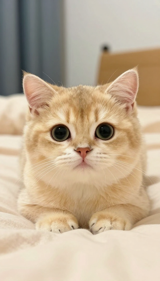 奶黄萌猫托腮卧床，超写实可爱写真