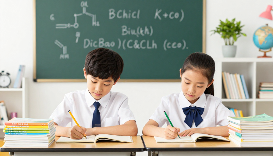 亚洲学生穿校服专注书写，背景化学符号与书籍，教育宣传摄影