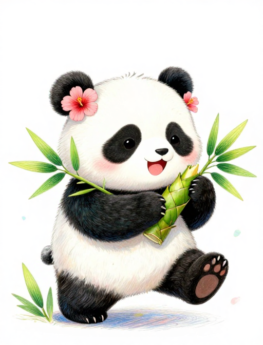 古风Q版熊猫俏皮抱竹笋彩铅插画