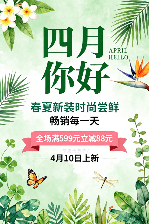 清新水彩风春季促销海报：四月你好