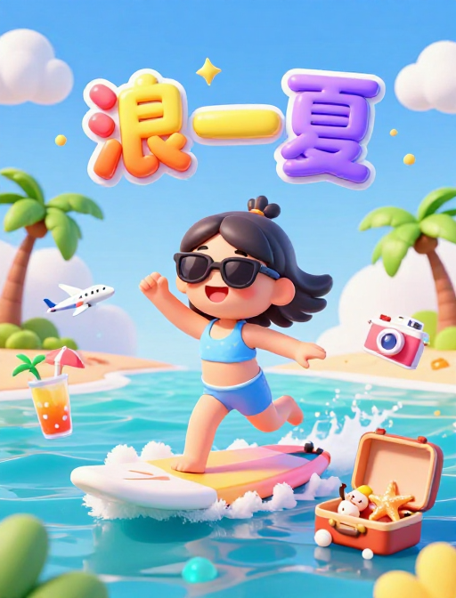夏日冲浪少女：3D卡通快乐瞬间