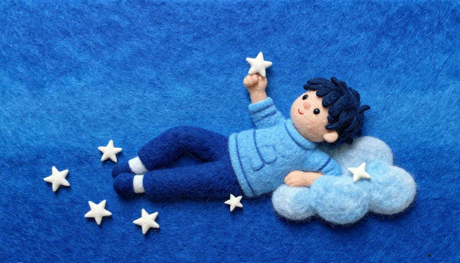 深蓝渐变毛毡童话:孩童与星星的静谧午后