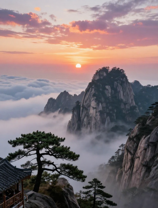 晨曦破晓：水墨山水意境与传统建筑之美