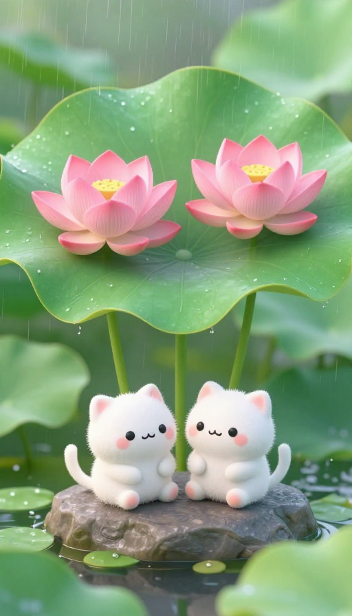 雨落荷间·萌猫静卧的治愈时刻