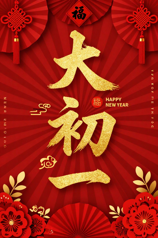 金色书法'大年初一'喜庆中国风新年海报