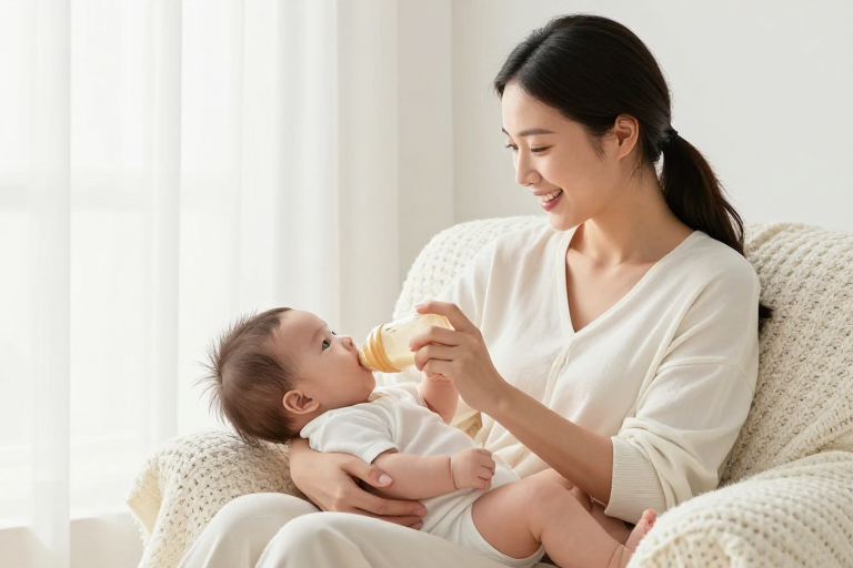 温馨母婴时刻:亚洲母亲柔光喂养婴儿