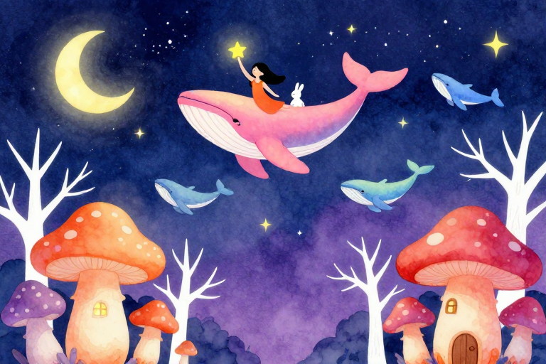 梦幻水彩星空：粉橙鲸鱼载女孩穿越奇幻森林