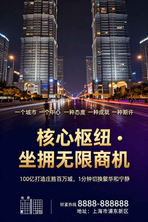 核心枢纽：现代奢华都市夜景商业海报
