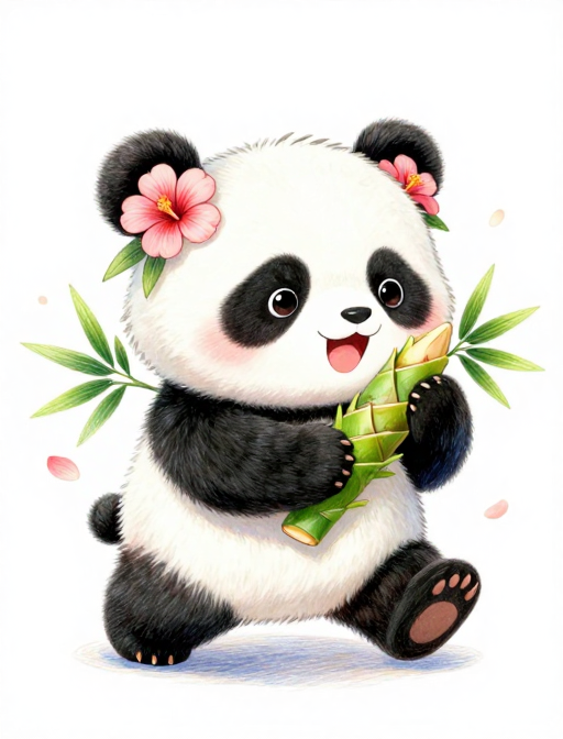 古风Q版熊猫:芙蓉花饰俏皮抱笋