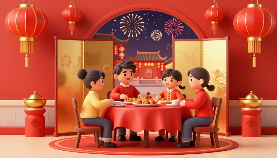新春团圆：3D红金插画呈现家庭年夜饭温馨场景