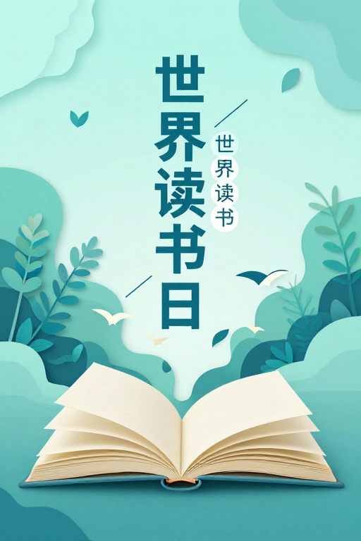 世界读书日蓝绿纸艺剪影海报